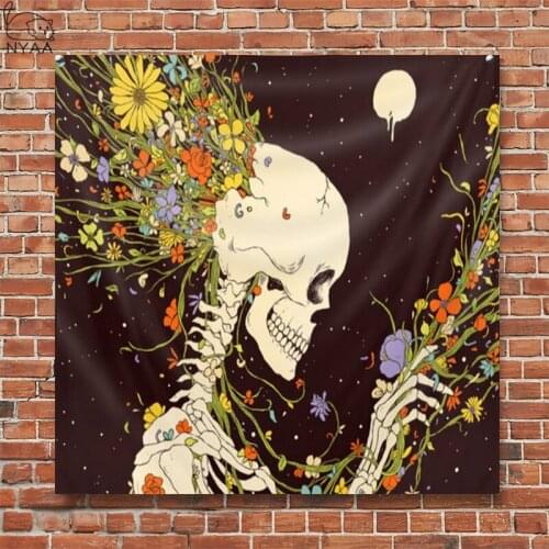 Skull King Meditating in Flowers Moon Tapestry Mandala Carpet Hippie Divination Black Skull Witchcraft Wall Hanging Blanket