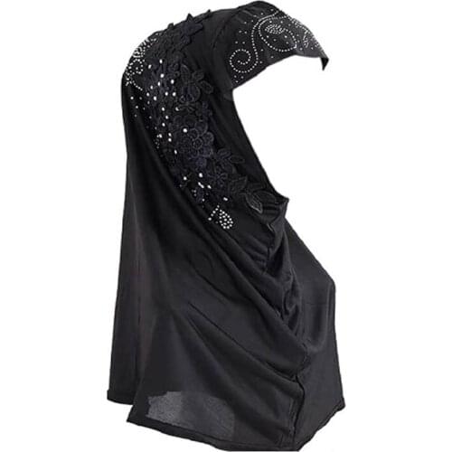 Women One Piece Muslim Hijab Lace Applique Head Wrap Scarf Shawl with Rhinestones