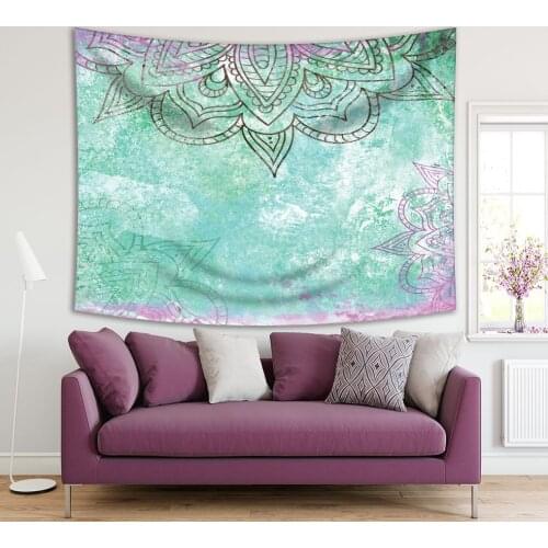 Tapestry Mandalas Ethnic Floral Pattern Grunge Aged Effect Vintage Style Oriental Artwork Printed Green Purple