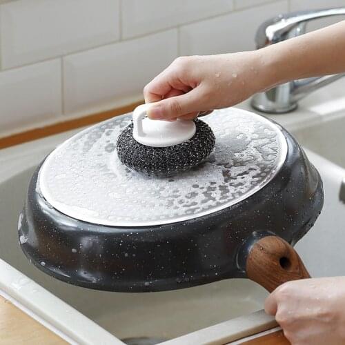 China household stainless steel wire scourer scrubber kitchen anti oil washable cleaning ball with handle scouring pads