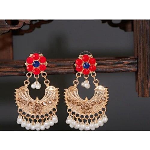 Classic Womens Gold Indian Earrings Bijoux Summer Ethnic Red Flower Bollywood Pearl Wedding Earrings Hangers