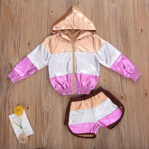 Fashion Baby Girls 2pcs Sportwear Clothes Set Hooded Zipper Jacket Coat Tops+Shorts Patchwork Casual Outfit Toddler Children Set