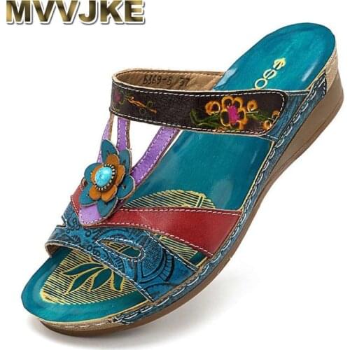 MVVJKE Women Sandals High Heels Ethnic Flower Sandals Summer Shoes Woman Casual Beach Shoes Flip Flop Shoes Woman Platform