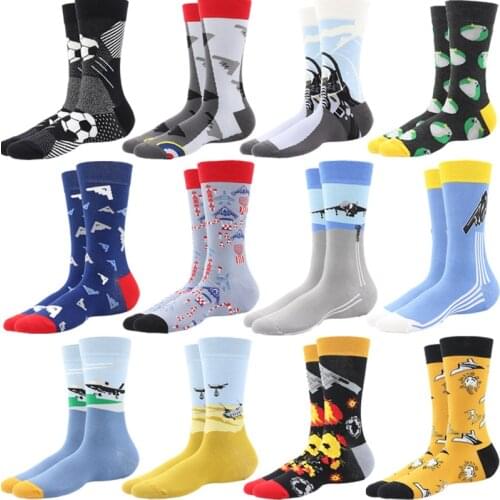 2021 New Fashion Funny Socks Men Harajuku Hip Hop Print Football Aircraft Bird Comfortable Happy Hip Hop Street Socks For Men