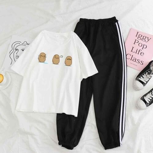 Sleep Tops Night Sleepwear Women Cute Potato Print Loose Pants Women Summer Kawaii Pajama Set Plus Size Trousers Two Piece Set