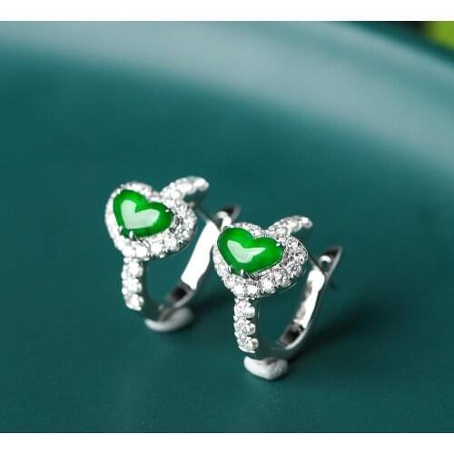 Original new full diamond ice chalcedony Heart-shaped earrings Retro light luxury charm ladies brand silver jewelry