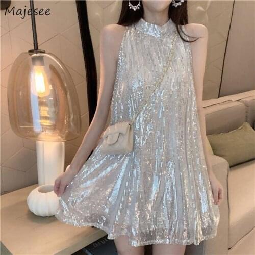 Sleeveless Dress Women Mini A-line Silver Stand Collar Korean Style Sexy Club Harajuku Ladies Punk Design Simple Party Slim Chic