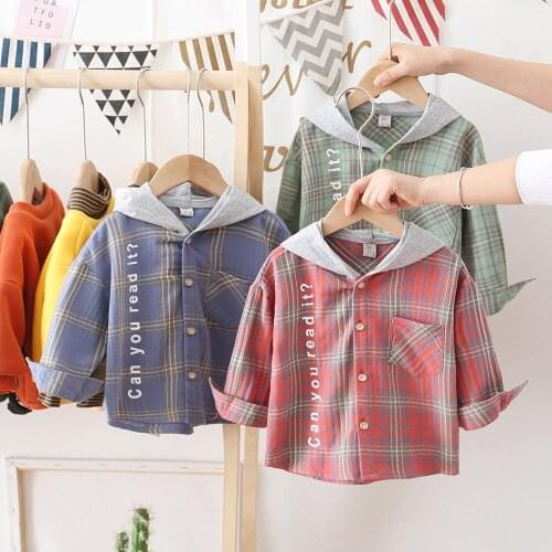 New Boys Girls Shirts spring autumn Casual Girls Blouses Children Kids Cotton Hooded Clothes Baby Boy Plaid Long Sleeve Shirt