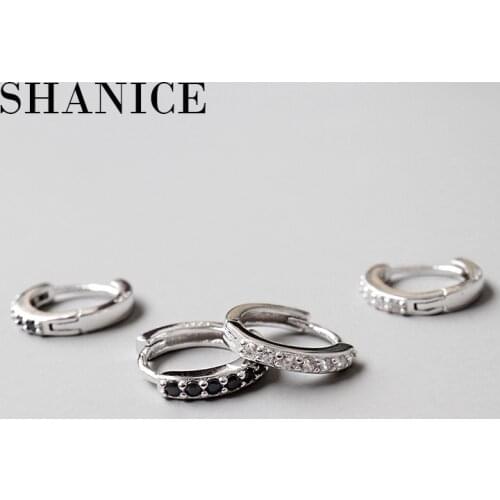 SHANICE 100% Real Pure 925 Sterling Silver Hoop Earring for Women White/Black CZ Crystal Zirconia Earing Jewelry