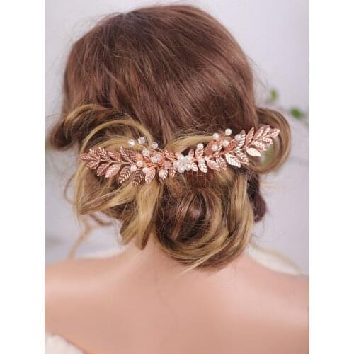 Bridal Rose Gold Leaf Wedding Hair Comb Crystal Women Headpiece Hair Jewelry Prom and Party Hair Accessories for Women