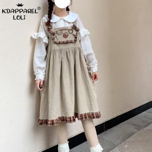 Spring Autumn Women Corduroy Overall Dress Sweet Lolita Girls Cute Bear Jumper Skirt Straps Ruffles Female Students Teens Korean
