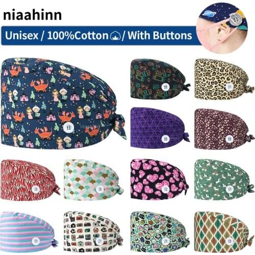 High Quality Cartoon Printing Elastic Scrub Hat Pet Hospital Veterinary Working Hat Unisex Scrubs Caps Operating Room Doctor Cap