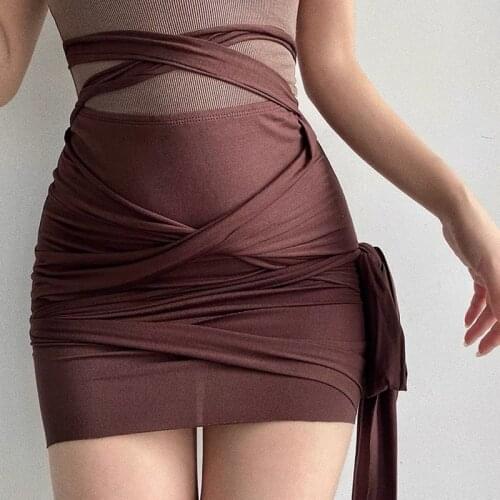Brown Mini Skirt Yk2 Clothes Bottoms Womens Summer Lace Up Folds Sexy Bandage Tight Skirt High Waisted Plad Cotton Pencil Skirt