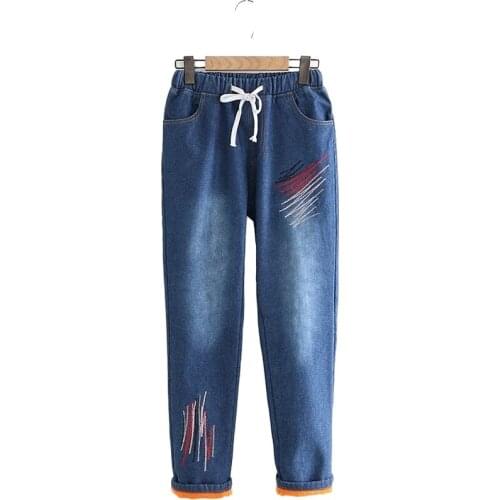 Women Jeans Pants Embroidery Plus Velvet Elastic Waist Straight Jean Casual Denim Pants 2020 Winter Thick Trousers S-2XL 2011171