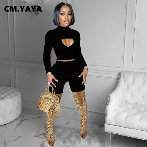 CM.YAYA Women Set Solid Hollow Out Crop Tops + Pencil Pants Two 2 Piece Sets Active Tracksuits Casual Pants Suit Autumn Outfits
