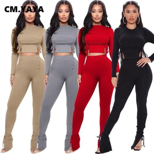 CM.YAYA Activewear Ribbed Women Set Knot Crop Top Stacked Flare Pants Set Street Tracksuit Knitted Fitness Two Piece Set Outfit