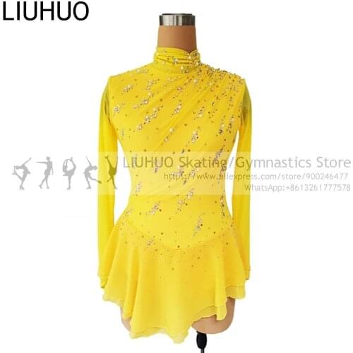 Womens Girls' Figure Skating Dress Yellow Stones Crystals Competition leotards elastic Professional Ice Skating dress kids
