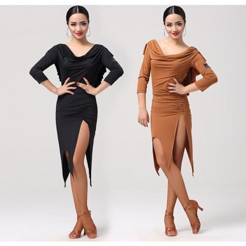Adult Latin Dress Sexy Backless Ruffle Black/Brown Color Practice Dance Clothes Dress Women Prom New Ballroom Dance Wear VDB2182