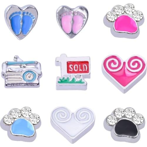 20Pcs Mix Styles Heart Shaped Dog Footprint Radio Floating Charms Letter Sold Pendant Fit Glass Locket Bracelet Jewelry Making
