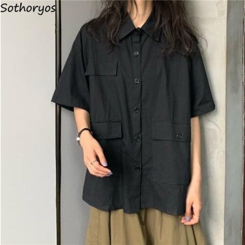 Blouse Women Shirts Summer Turn-down Collar Solid Pockets BF Streetwear Cool Leisure Fashion Students Vintage Ulzzang All-match