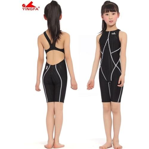 Yingfa FINAapproved one piece competition knee length waterproof chlorine resistant girls swimwear sharkskin swimsuit for child
