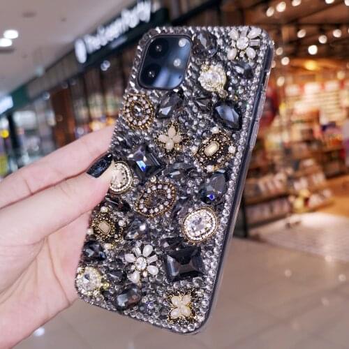 Fashion Bling Black Diamond Crystal Gem Flower Case Cover For Samsung Galaxy Note 20 10 9 8 S21 S20 FE Ultra S10E S10 S9 S8 Plus