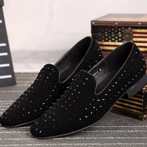 Christia Bella Plus Size Classic Black Rivet Suede Leather Man Loafers Shoes Handmade Male Party Flats Shoes Mens Prom Shoes
