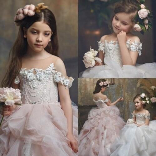 Luxury Beautiful Flower Girls Dress Jewel Lace 3D Appliques Kids Prom Gowns Ball Gown Floor Length Flower Girls Dress