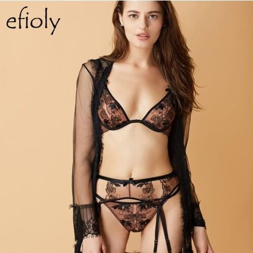 EFIOLY Deep V Bra Set Push Up Unlined Thin Bra + Panties + Garter Lace Embroidery Underwear Set Sexy Lingerie Simple Suit