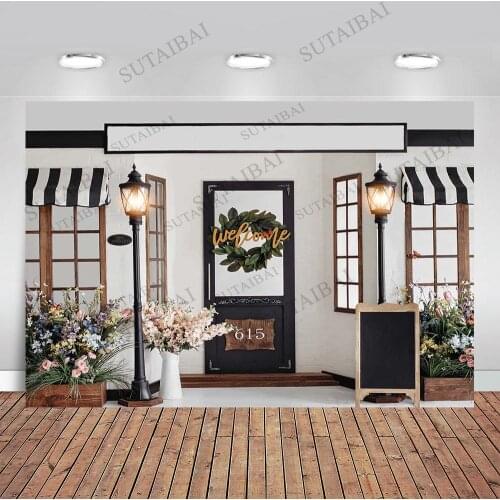Christmas Backdrops Shop Gate Flowers Stree Lamp Outdoor Background Photography Baby Shower Children Portrait Photocall