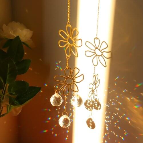 Crystal Light-catching Metal Flower Ornaments Window Car Prism Hanging Craft Pendant Home Garden Wall Wind Chime