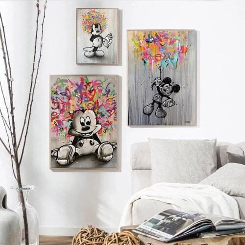 Graffiti Art Black and White Cartoon Mickey Mouse Canvas Painting Poster and Prints Wall Art Pictures for Living Room Decor