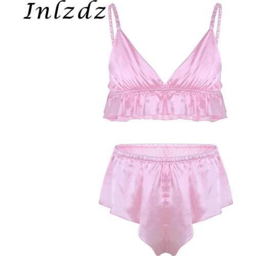 2Pcs Mens Sissy Crossdressing Lingerie Set Soft Silky Hot Sexy Bra Top with Loose Triangle Briefs Sissy Exotic Gay Underwear Set