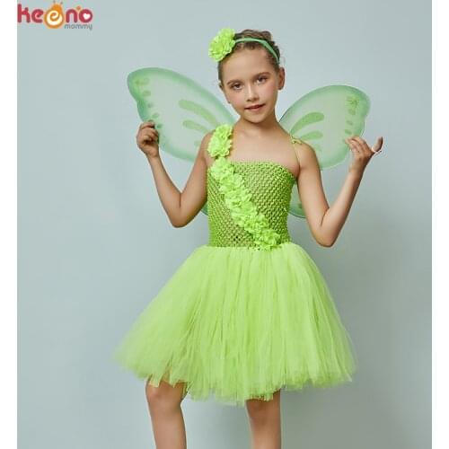 Green Flower Tinkerbell Costume Kids Tinkerbell Halloween Fancy Tutu Dress with Wing Fairy Girls Birthday Party Cosplay Costume
