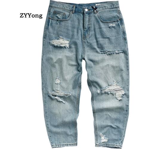 Fashion Ripped Men Jeans Ankle Length Loose Plus Size Hip Hop Hole Homme Denim Pants Streetwear Leisure Tattered Trousers