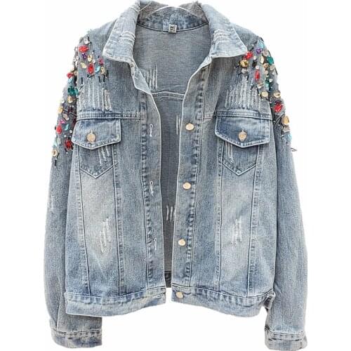 New Denim Jacket Women Spring Autumn Fashion Long Sleeve Beaded Single-breasted Streetwear Jeans Jacket Women Windbreaker Female