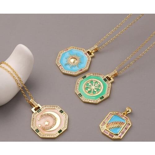 2021 New Trendy Enamel Pendant Necklace 18K Gold Plated Square Moon Starburst World Peace Lovely Necklace For Women Men Jewelry