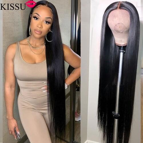KISSU 30 40 Inch Long Bone Straight Lace Front Wig 4x4 Closure Wig Brazilian Pre Plucked Lace Front Human Hair Wigs For Women