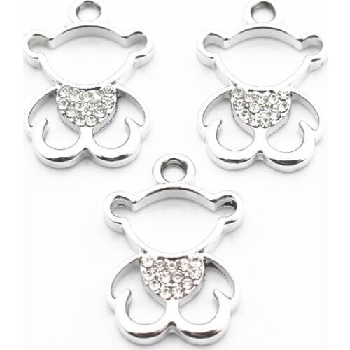 20pcs/lot Crystal Silver Alloy Bear Dangle Charms Lobster Clasp Hanging Charm For Pendant Floating Charms Jewelry