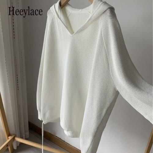 Causal Hollow-out Hooded Sweater Coat Causal Long Sleeve Oversized Knitted Tops 2021 Autumn New Pullover Knitting Jumper