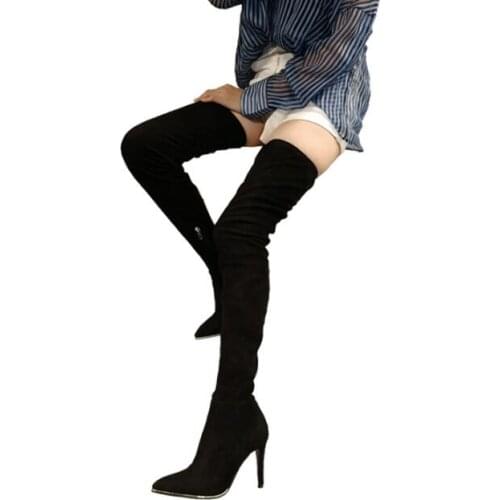 Wholesale Price Over The Knee Boots Black Suede Leather Womens Thigh High Boots Pointed Toe Winter High Heel Boots Plus Size