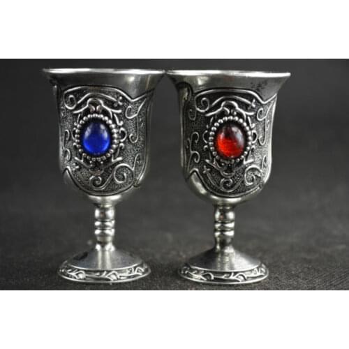 Old Decoration Handwork Tibet Silver Carving Flower Inlay Bead Pair Cup