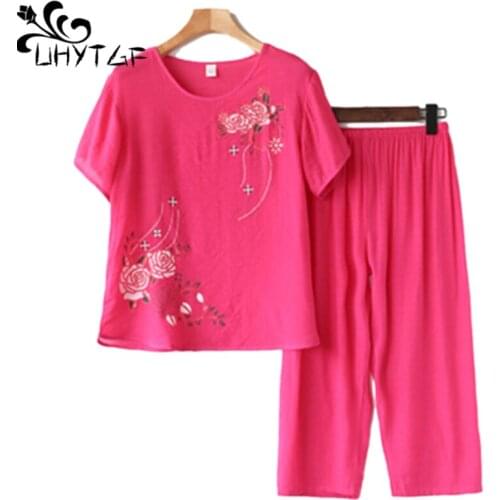UHYTGF Pajama Sets Womens Cotton Linen Comfortable Summer Home Clothes Casual Loose Plus Size Nightgown Thin Two-Piece Suit 1330