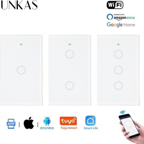 UNKAS US Standard Tuya APP 1/2/3 Gang WIFI Switch Smart Home Automation Glass Panel Wall Switch Google Home Null and Fire Line