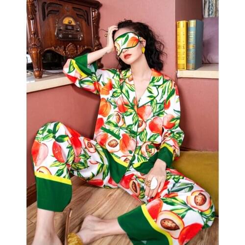 Spring/summer Ice Silk Pajamas Female Long-sleeved Trousers Thin 2 Piece Set Peach Print Satin Sleepwear Lapel Casual Smooth Pjs