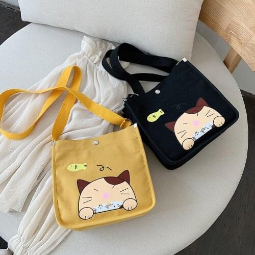 2pcs/set Women Canvas Cartoon Cat Print Shoulder Crossbody Handbags Girls Casual Big Capacity Shopping Pouch With Pen Bag