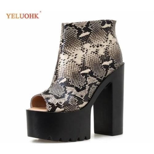 Extremly High Heels 14cm Ankle Boots Platform 5.5cm Women Autumn Boots Back Zipper Snake Style Ladies Boots Open Toe 34-39