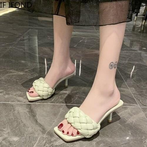 IF IFOND Womens Summer Ladies Thin Heels Slippers Flip Flops Pu Leather Female Waterproof Mid Heels Shoes Woman Square Toe Shoe