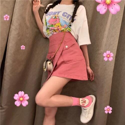 Summer New Korean Loose Printed Short Sleeve T-Shirt Top 2-piece Womens High Waist A-line Skirt Set for Women