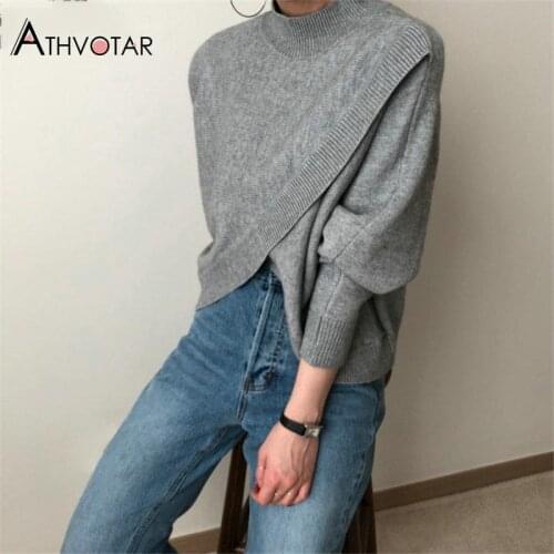 ATHVOTAR Winter Split Pullovers Women Loose Autumn Solid Color Knitted Sweater Knitwear Top for Women